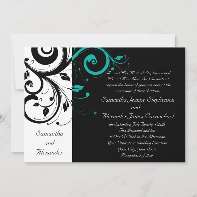 Invitation Noir Aqua Swirl Mariage traditionnel (Devant)
