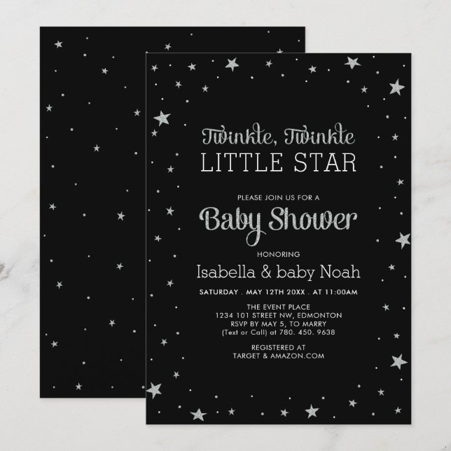Invitation Noir & Argent | Bébé Scintille Petite Étoile Fête  (Devant / Derrière)