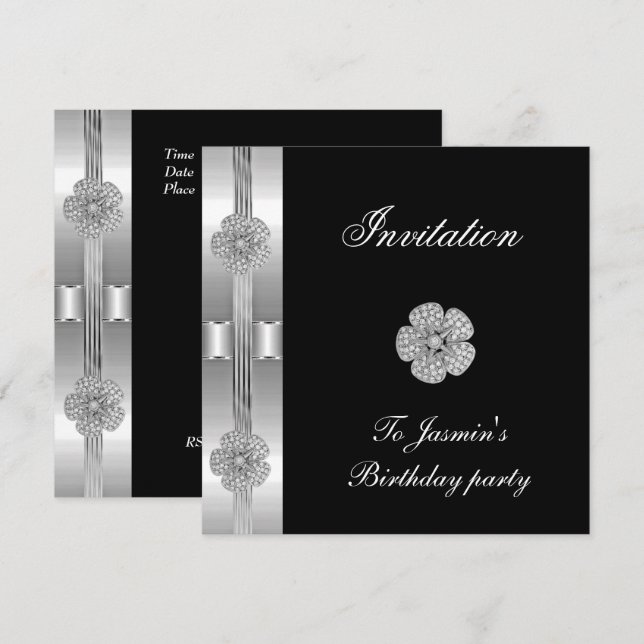 Invitation Noir Argent Diamant Fleur Bijou (Devant / Derrière)