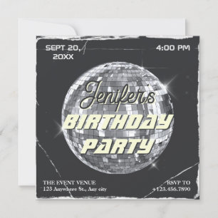 Invitation Noir argent disco fête bal grunge anniversaire
