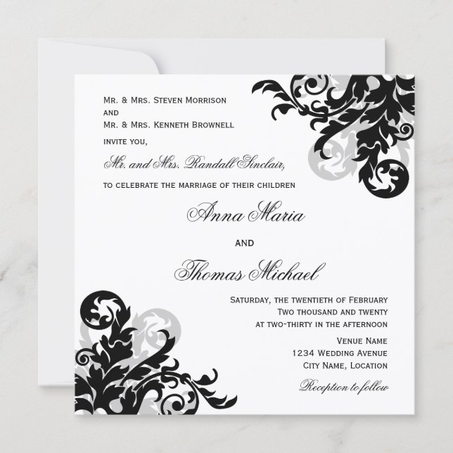 Invitation Noir Argent Flourdissant Individuel Mariage invité (Devant)