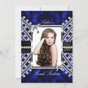 Invitation Noir Argent Navy Jewel & Damask Photo Sweet 16