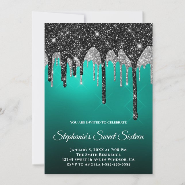 Invitation Noir Argent Pailleté Turquoise Sarcelle Ombré Douc (Devant)