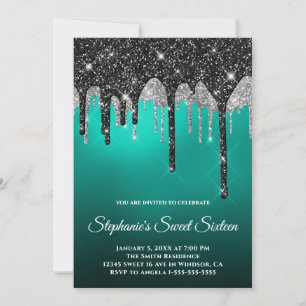 Invitation Noir Argent Pailleté Turquoise Sarcelle Ombré Douc