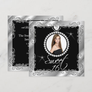 Invitation Noir Argent Sweet Sixteen Photo Sweet 16