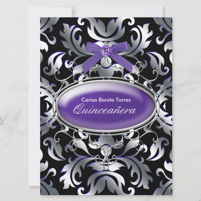 Invitation Noir Argent Violet Damas Violet Quinceanera (Devant)