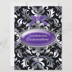 Invitation Noir Argent Violet Damassé Violet Quinceanera