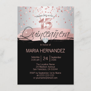 Invitation Noir argenté QUINCEANERA 15 de feuille d'or de