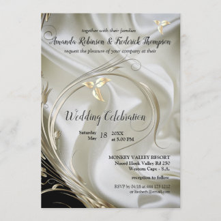 Invitation Noir avec argent et or sur Mariage de soie Champag