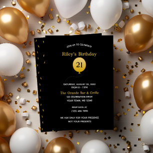 Invitation Noir avec ballon d'or et Confetti Anniversaire
