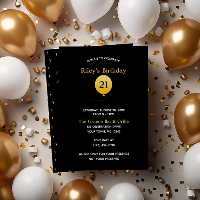 Invitation Noir avec ballon d'or et Confetti Anniversaire (Créateur téléchargé)