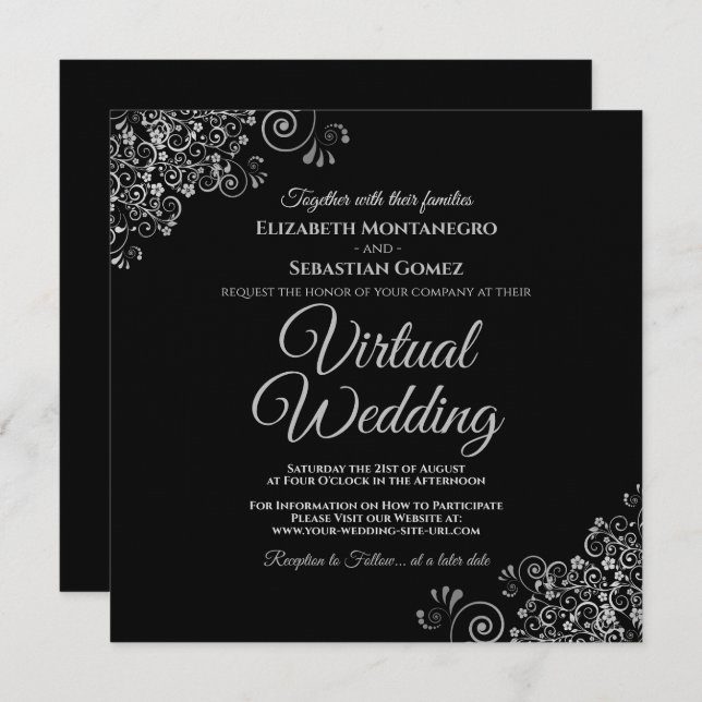 Invitation Noir avec Lacy Silver Elegant Mariage virtuel (Devant / Derrière)