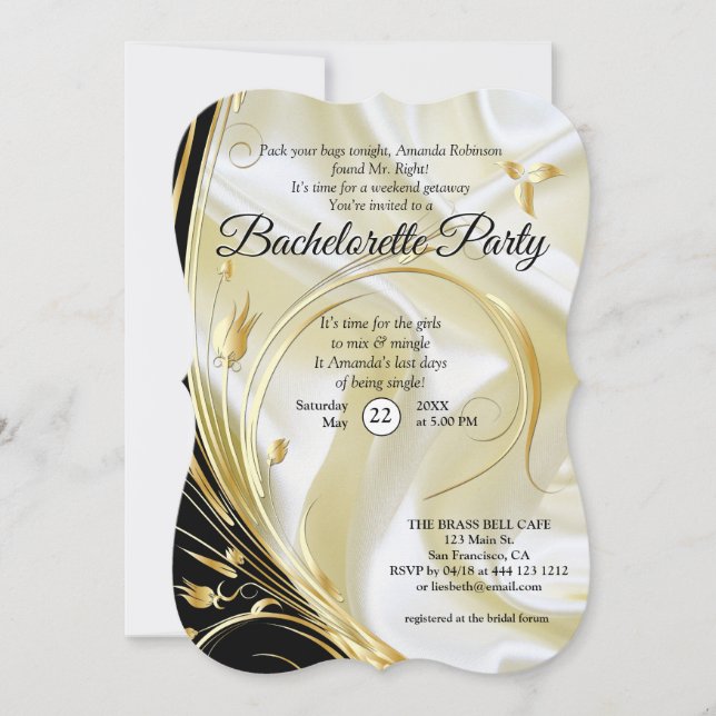 Invitation Noir avec or sur Champagne Silk Bachelorette (Devant)