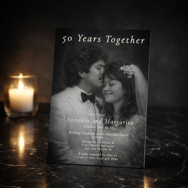 Invitation Noir Blanc 50 Ans Ensemble Vintage (Elegant candlelit anniversary invitation for a romantic evening celebration)