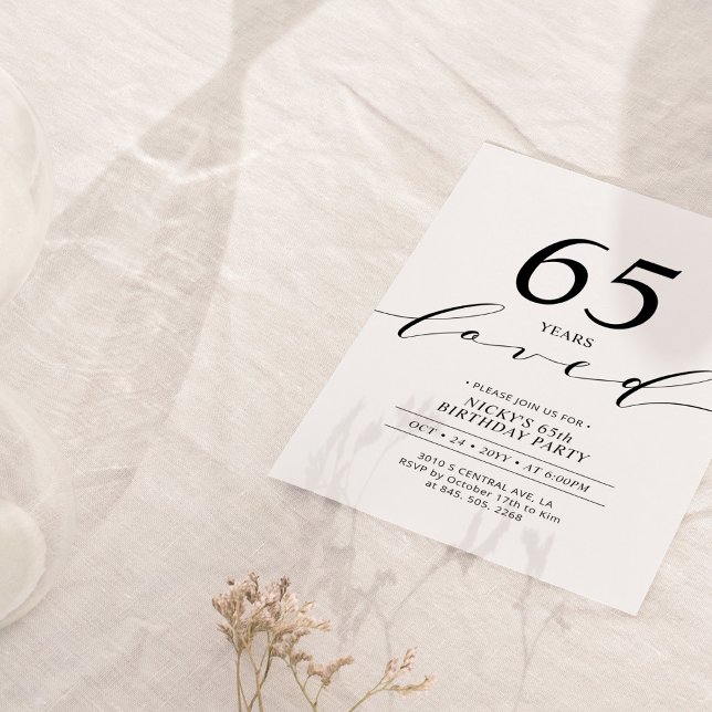 Invitation Noir & Blanc | 65 ans aimés 65e anniversaire fête (Créateur téléchargé)