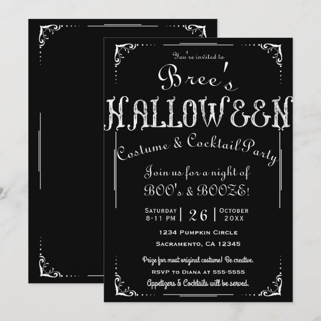 Invitation Noir & Blanc Ancienne Élégante Fête d'Halloween Vi (Devant / Derrière)