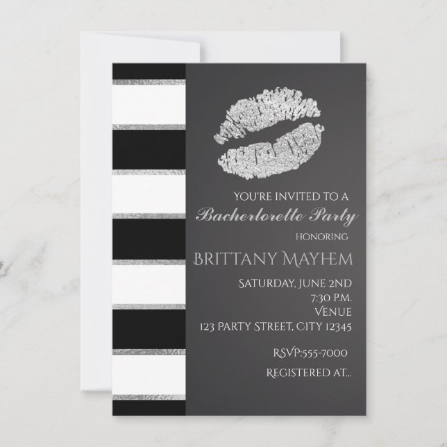 Invitation Noir Blanc & Argent Faux Brillant Lèvres Baiser Fê (Devant)