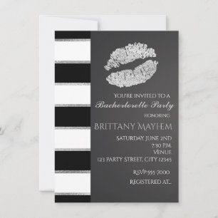 Invitation Noir Blanc & Argent Faux Brillant Lèvres Baiser Fê
