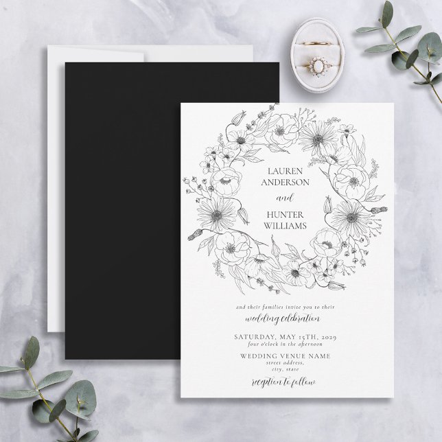 Invitation Noir Blanc Art Floral Mariage Wreath (Créateur téléchargé)