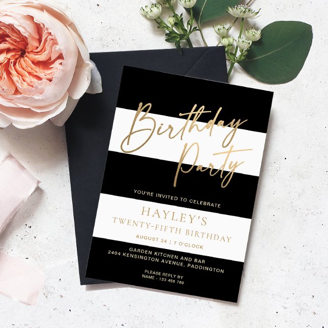 Invitation Noir Blanc Bande Or Anniversaire (Birthday Party Invitation)