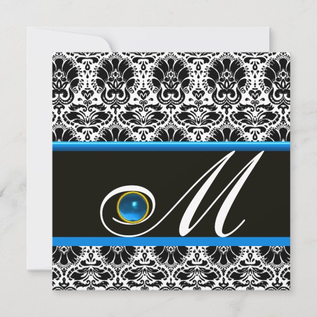 Invitation NOIR BLANC BLEU DAMAS MONOGRAMME Saphir (Devant)