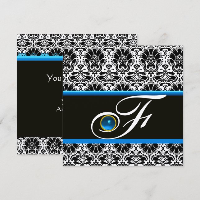 Invitation NOIR BLANC BLEU DAMAS MONOGRAMME Saphir Argent (Devant / Derrière)