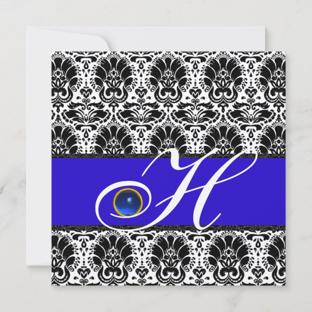 Invitation NOIR BLANC BLEU DAMAS MONOGRAMME Saphir Argent (Devant)