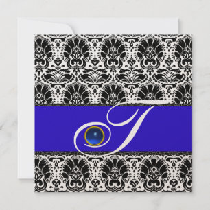 Invitation NOIR BLANC BLEU DAMAS MONOGRAMME Saphir Métallisé