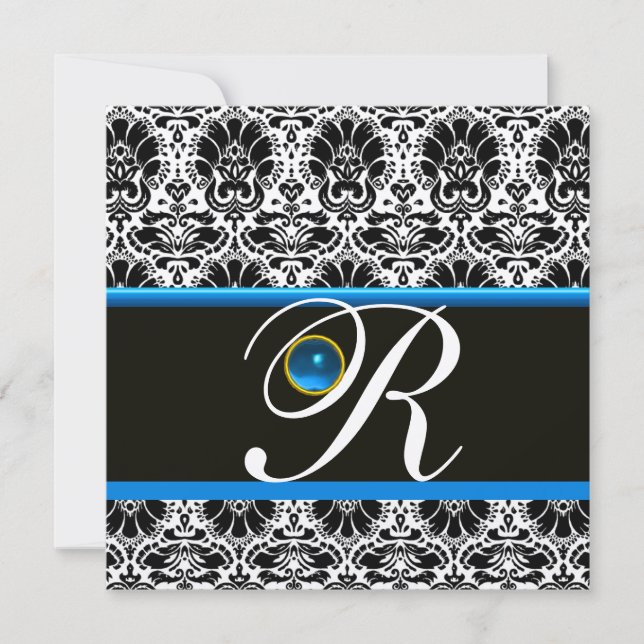 Invitation NOIR BLANC BLEU DAMAS MONOGRAMME Saphir Or (Devant)