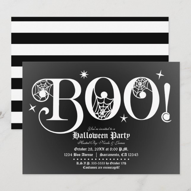 Invitation Noir & Blanc BOO Soirée élégante d'Halloween (Devant / Derrière)