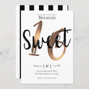 Invitation Noir Blanc Bronze Moderne Sweet 16 Anniversaire