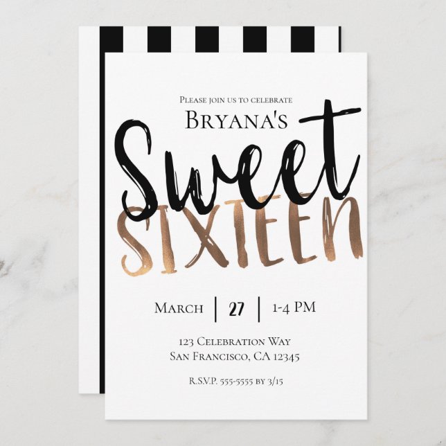Invitation Noir Blanc Bronze Moderne Sweet 16 SIXTEEN Party (Devant / Derrière)