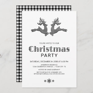Invitation Noir Blanc Buffalo Plaid Reindees fête de Noël