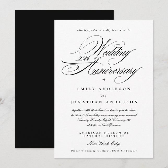 Invitation Noir Blanc Calligraphie 25e Anniversaire de Mariag (Devant / Derrière)