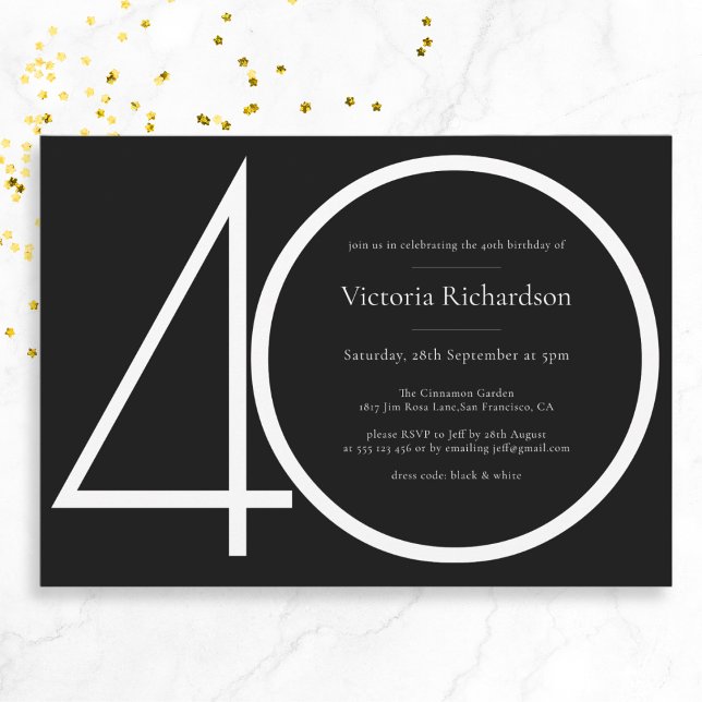 Invitation Noir Blanc Classy Moderne Minimaliste 40e Annivers (Mockup View)