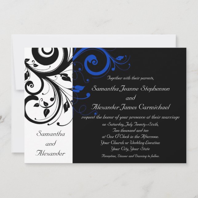 Invitation Noir/Blanc/Cobalt Bleu Gras Mariage (Devant)