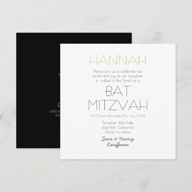Invitation Noir blanc contemporain BAT MITZVAH classique (Devant / Derrière)