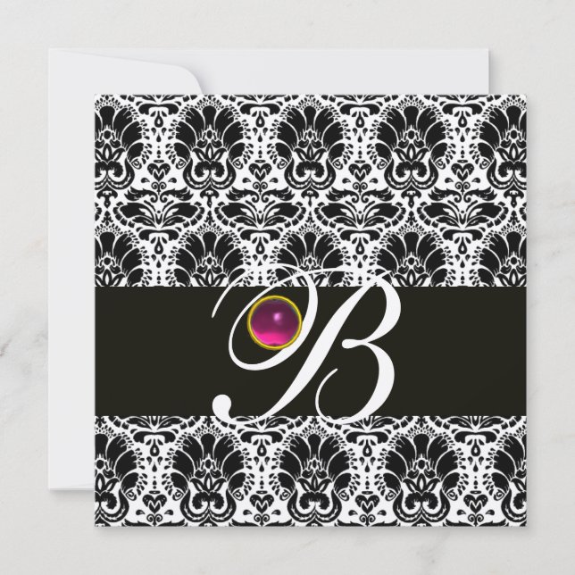 Invitation NOIR BLANC  DAMAS MONOGRAMME Rose Fuchsia Améthyst (Devant)
