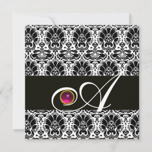 Invitation NOIR BLANC  DAMAS MONOGRAMME Rose Fuchsia Améthyst