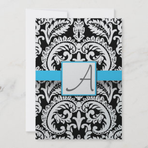 Invitation Noir & Blanc Damask Bright Aqua Trim avec points