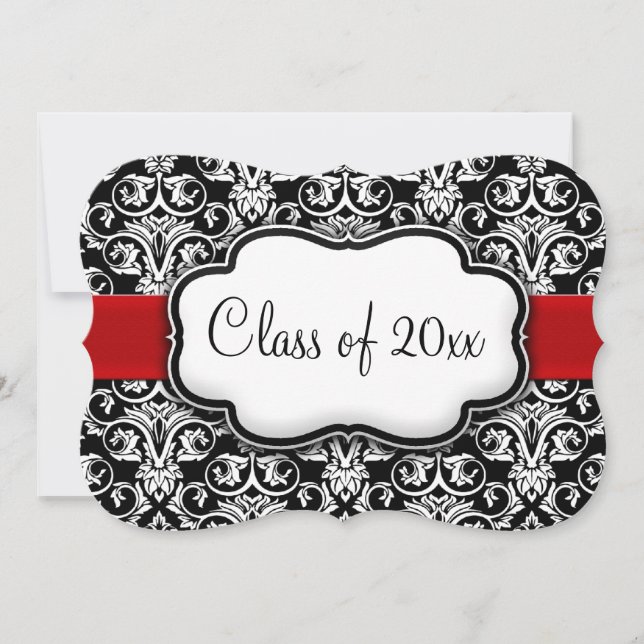 Invitation Noir/Blanc Damask Red Ribbon Graduation (Devant)