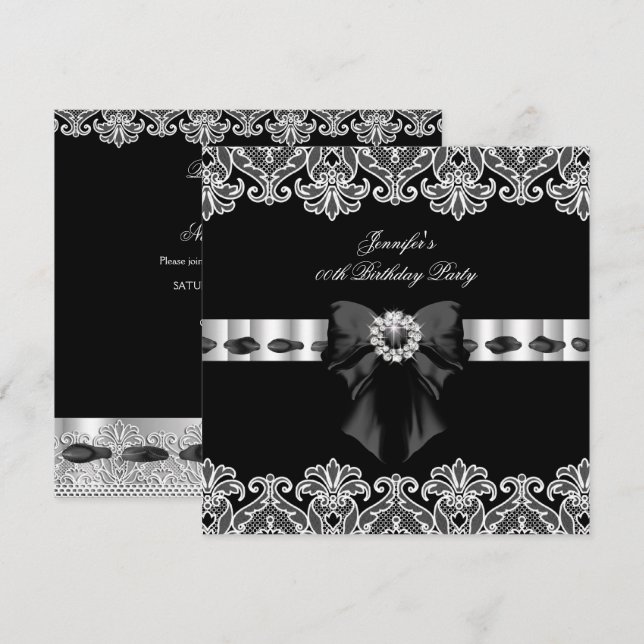 Invitation Noir Blanc Diamants Dentelle Fête d'anniversaire 2 (Devant / Derrière)