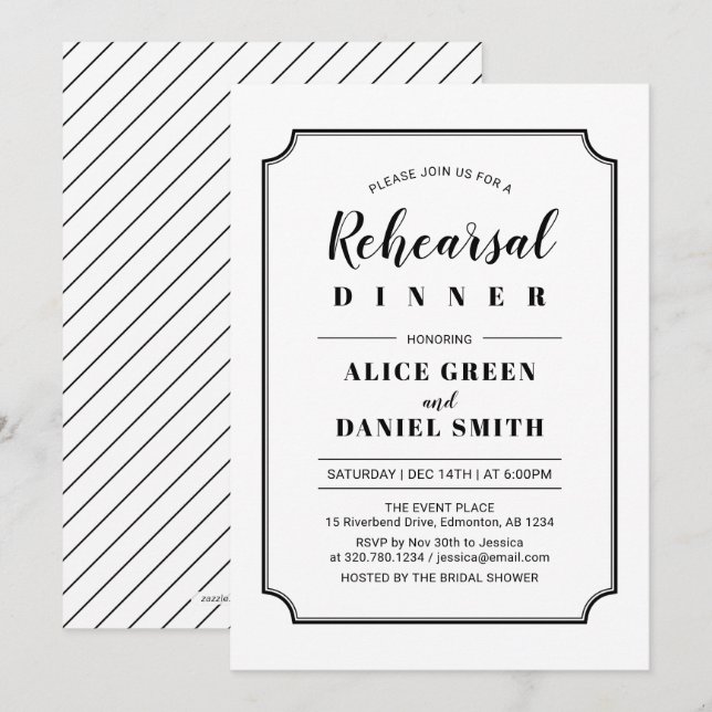 Invitation Noir & Blanc | Dîner de répétition de mariage clas (Devant / Derrière)