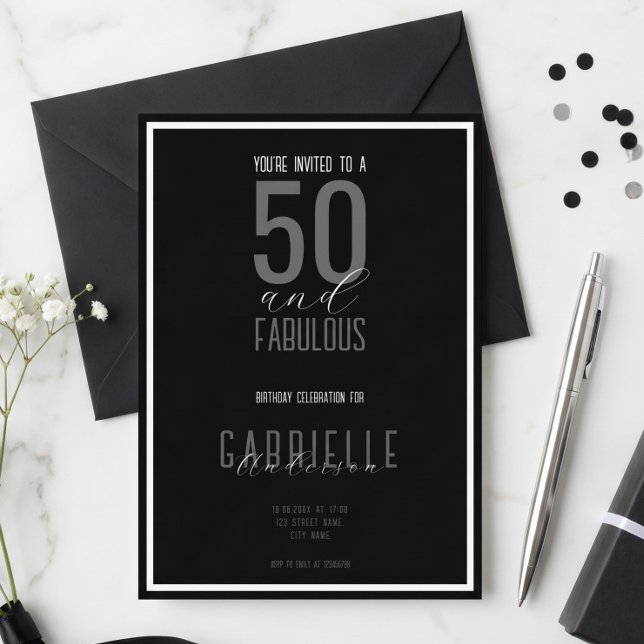 Invitation Noir Blanc Élégant 50 et Fantastique Anniversaire (Créateur téléchargé)