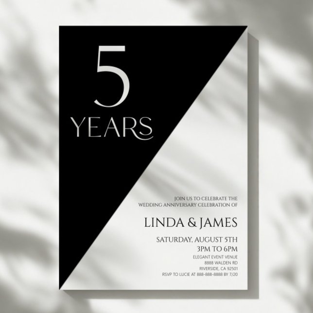 Invitation Noir Blanc Élégant 5e Anniversaire de Mariage (Créateur téléchargé)