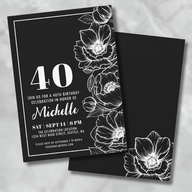 Invitation Noir Blanc Élégant Floral 40e Anniversaire (Elegant Floral Black And White 40th Birthday Invitation)