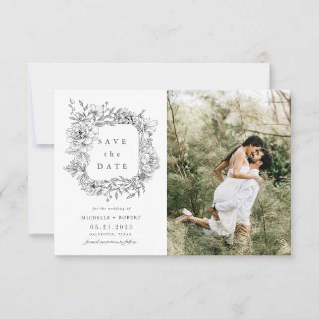 Invitation noir blanc élégant floral deux Photo Enregistrer l (Devant)