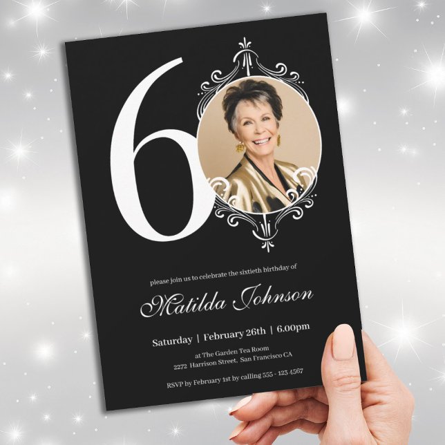 Invitation Noir Blanc Élégant Photo 60e Anniversaire (60th Birthday White Black Elegant Custom Photo Invitation)