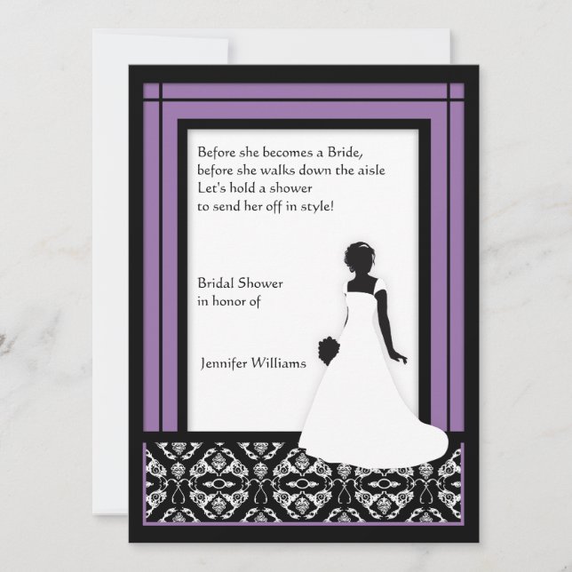 Invitation Noir, blanc et Fête de la mariée assez pourpre de (Devant)