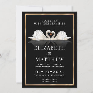 Invitation Noir, blanc et or Thème avec Mariage Swans